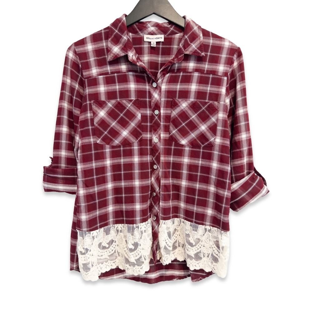 Sequin Hearts Plaid Lace Hem Flannel Shirt Women Size M Boho Western Cowgirl